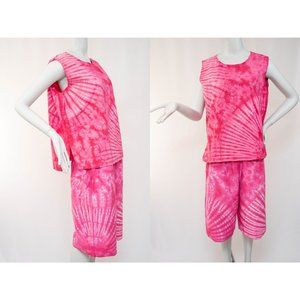 Women's Two Piece Pink Tie Dye Sleeveless Top and Shorts Boho Chic Beach Wear